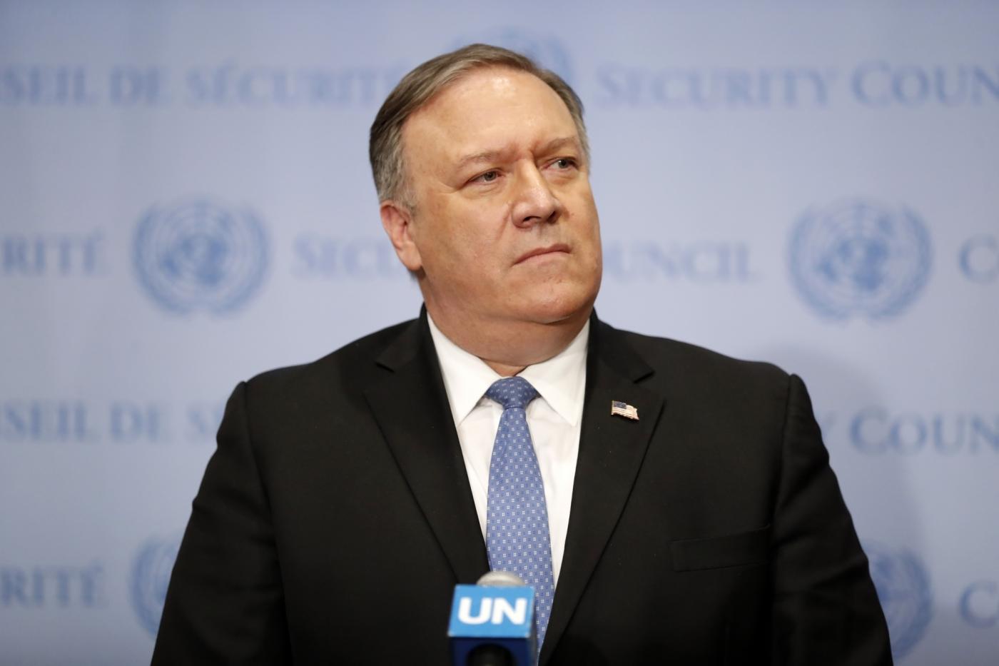 UNITED NATIONS, Dec. 12, 2018 (Xinhua) -- U.S. Secretary of State Mike Pompeo speaks to reporters after a Security Council meeting on non-proliferation at the United Nations headquarters in New York, Dec. 12, 2018. (Xinhua/Li Muzi/IANS) by .