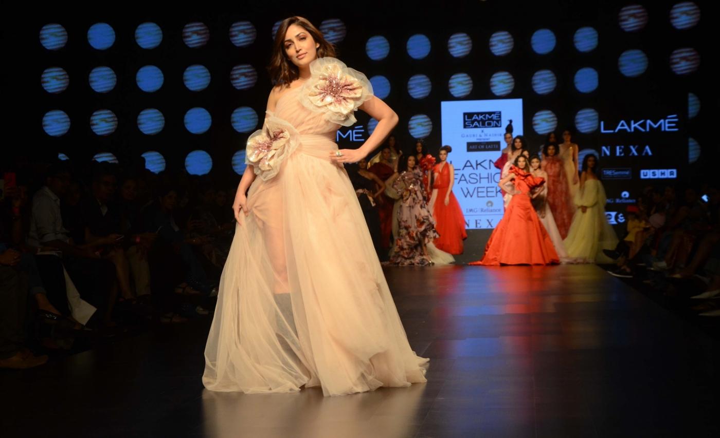 Mumbai: Actress Yami Gautam showcases fashion designers Gauri and Nainika's creation during Lakme Fashion Week (LFW) Summer/Resort 2019 in Mumbai, on Jan 30, 2019. (Photo: IANS) by .