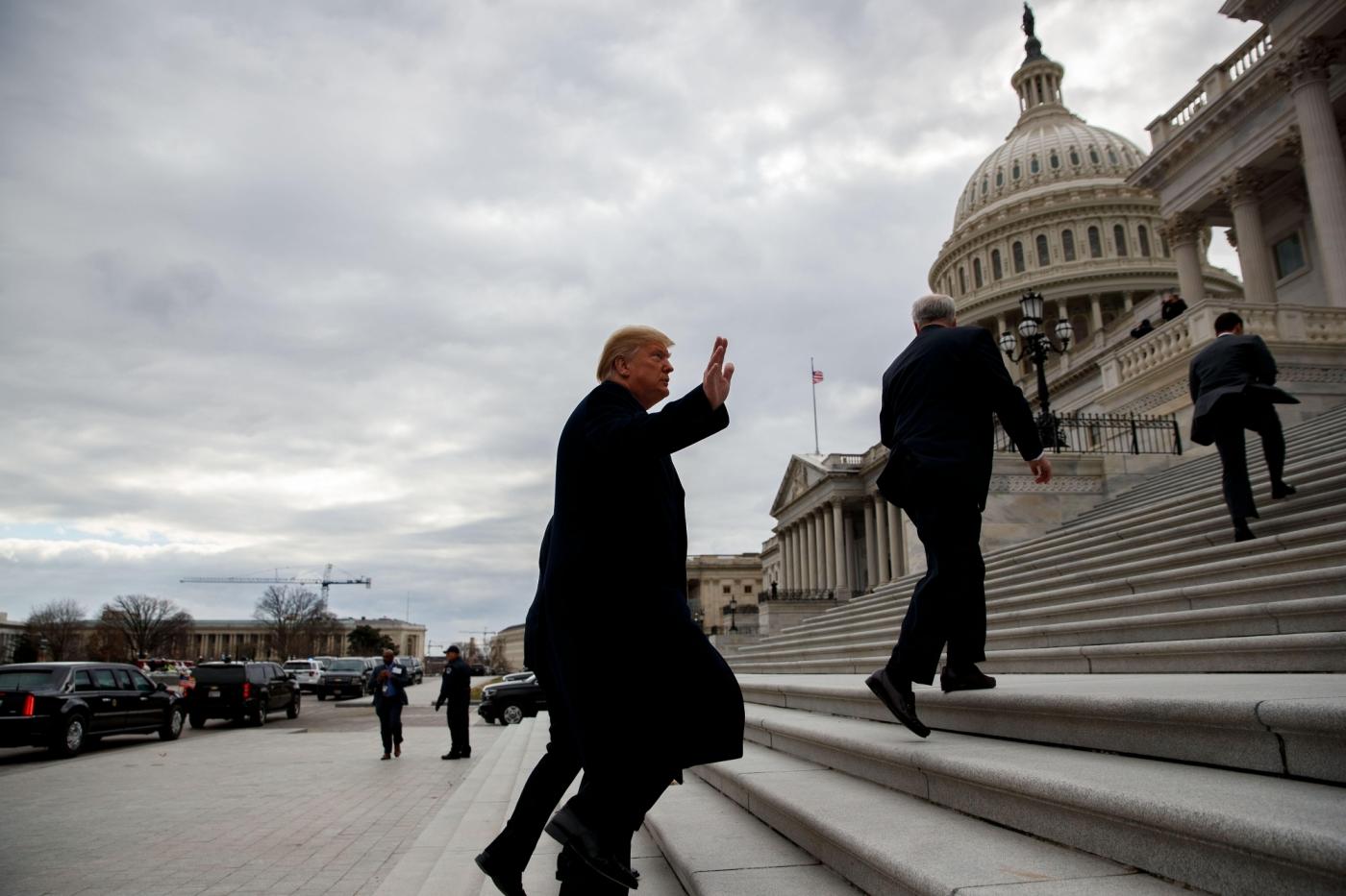 WASHINGTON, Jan. 9, 2019 (Xinhua) -- U.S. President Donald Trump (Front) arrives at the Capitol for a Senate Republican Policy lunch in Washington D.C., the United States, on Jan. 9, 2019. (Xinhua/Ting Shen/IANS) by .
