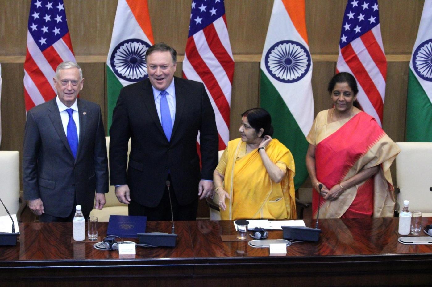 New Delhi: External Affairs Minister Sushma Swaraj and Defence Minister Nirmala Sitharaman with US Secretary of State Mike Pompeo and Defence Secretary James Mattis during high-level 2+2 dialogue in New Delhi on Sept 6, 2018. (Photo: Amlan Paliwal/IANS) by .