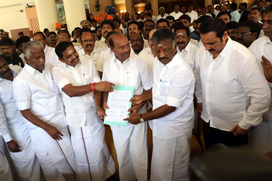 Chennai: AIADMK Coordinator and Deputy Chief Minister O. Panneerselvam and Joint Coordinator and Chief Minister K. Palaniswami with Pattali Makkal Katchi (PMK) founder S. Ramadoss during a discussion on electoral alliance in Chennai, on Feb 19, 2019. According to the alliance, the PMK will get seven Lok Sabha seats and one Rajya Sabha seat.The PMK will support the AIADMK candidates in the ensuing bypolls in Tamil Nadu as well. (Photo: IANS) by .