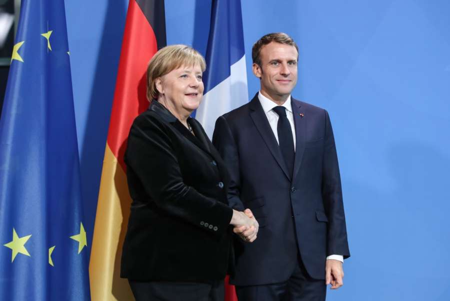 BERLIN, Nov. 18, 2018 (Xinhua) -- German Chancellor Angela Merkel (L) shakes hands with French President Emmanuel Macron after a joint press conference at German Chancellery in Berlin, capital of Germany, on Nov. 18, 2018. Visiting French President Emmanuel Macron on Sunday addressed German legislators, calling for opening a new chapter for Europe and building it more integrated, stronger and independent. Macron visited Berlin on Sunday to attend a series of events to mark Germany's Day of Mourning for war and violence victims, and met with German Chancellor Angela Merkel. (Xinhua/Shan Yuqi/IANS) by .