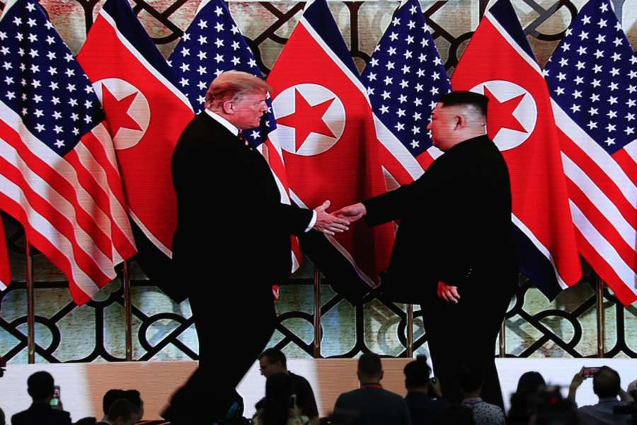 Hanoi: This AP photo shows U.S. President Donald Trump (L) and North Korean leader Kim Jong-un smiling before a summit meeting at the Sofitel Legend Metropole Hanoi on February 27, 2019. (Yonhap/IANS) by .