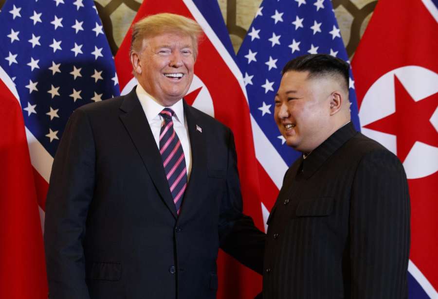 Hanoi: This AP photo shows U.S. President Donald Trump (L) and North Korean leader Kim Jong-un smiling before a summit meeting at the Sofitel Legend Metropole Hanoi on February 27, 2019. (Yonhap/IANS) by .
