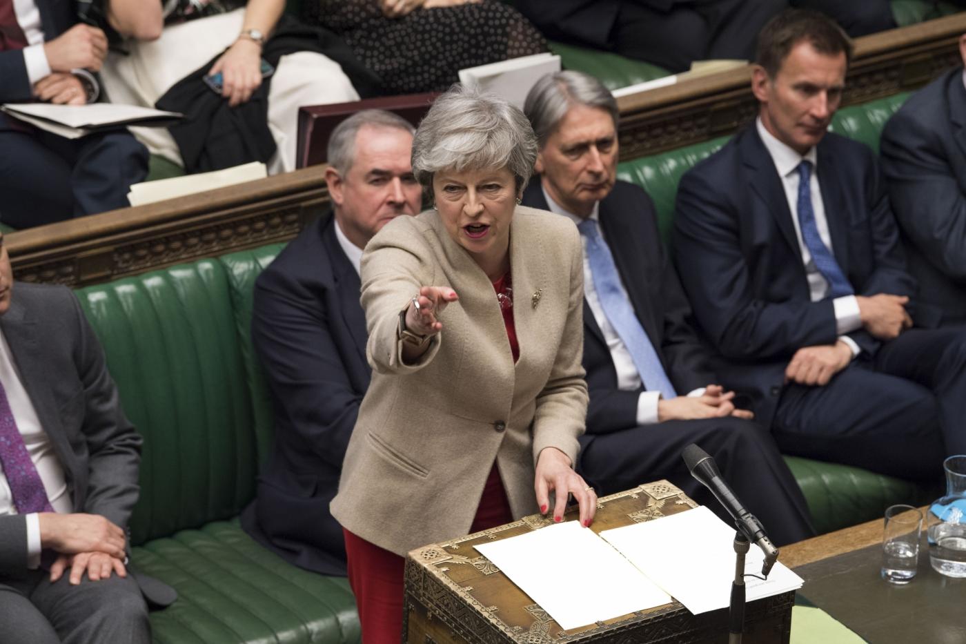 LONDON, March 29, 2019 (Xinhua) -- British Prime Minister Theresa May (Front) speaks during the debate in the House of Commons in London, Britain, on March 29, 2019. British lawmakers on Friday voted to reject Prime Minister Theresa May's Brexit deal, which has already been rejected twice in Parliament since January. (Xinhua/UK Parliament/Mark Duffy/IANS) by .