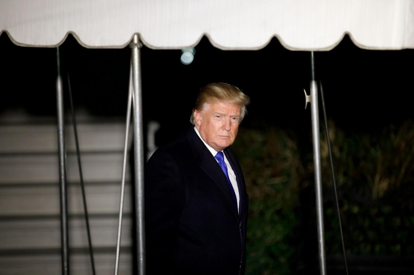 WASHINGTON, Jan. 25, 2018 (Xinhua) -- U.S. President Donald Trump leaves the White House for the World Economic Forum in Davos Switzerland, in Washington D.C., the United States, on Jan. 24, 2018. U.S. President Donald Trump spoke by phone with his Turkish counterpart Recep Tayyip Erdogan on Wednesday, urging his NATO ally to limit its military actions in northern Syria, according to a White House statement. (Xinhua/Ting Shen/IANS) by .
