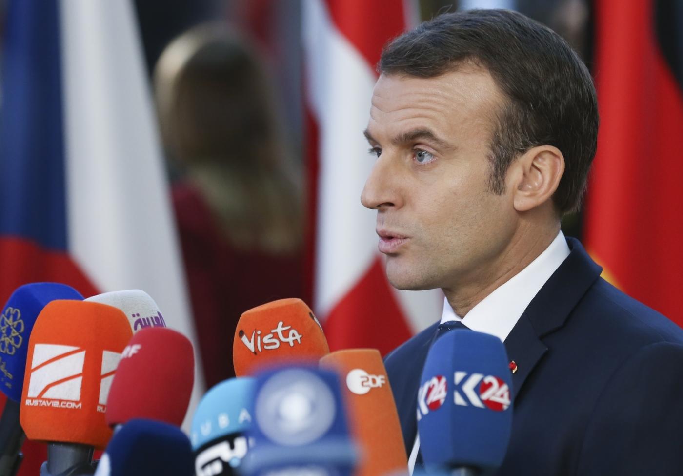 BRUSSELS, Dec. 13, 2018 (Xinhua) -- French President Emmanuel Macron speaks to media upon his arrival at a two-day EU Summit in Brussels, Belgium, Dec. 13, 2018. (Xinhua/Ye Pingfan/IANS) by .