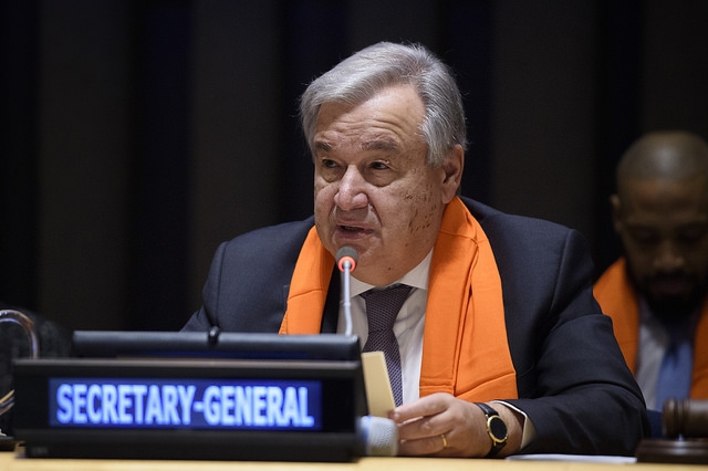 United Nations Secretary-General Antonio Guterres speaks in November, 2018, at an event to mark International Day for the Elimination of Violence against Women on the theme "Orange the World: HearMeToo." (Photo: UN/IANS) by .