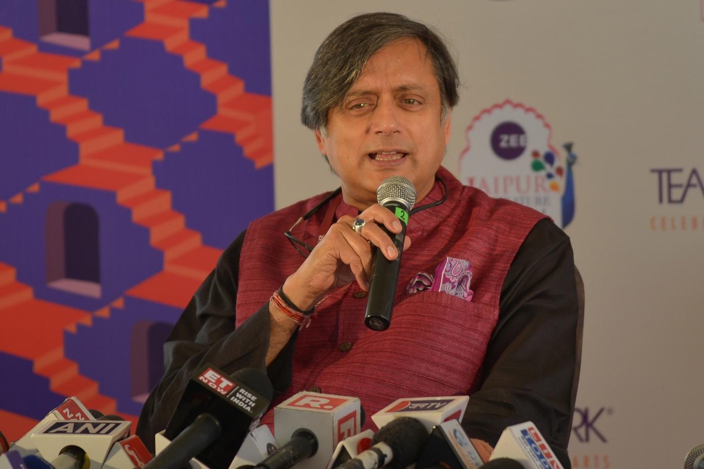 Jaipur: Congress MP Shashi Tharoor addresses during the 12th edition of Jaipur Literature Festival on Jan 25, 2019. (Photo: Shaukat Ahmed/IANS) by .