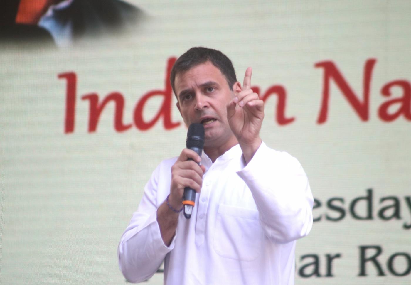 New Delhi: Congress President Rahul Gandhi addresses at the launch of party's election manifesto for the 2019 Lok Sabha polls, in New Delhi on April 2, 2019. (Photo: IANS) by .