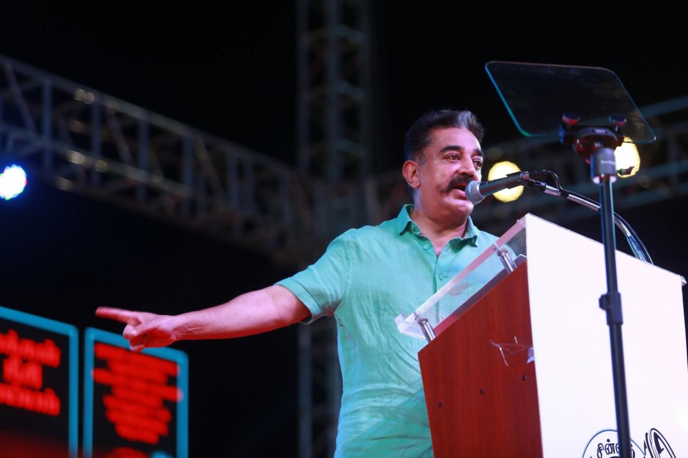 Puducherry: Makkal Needhi Maiam (MNM) President Kamal Haasan addresses during a party rally in Puducherry, on March 31, 2019. (Photo: IANS) by .