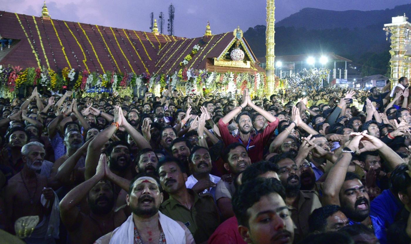 Pathanamthitta: Scores of believers from different parts of the country visit Sabarimala Temple in Kerala's Pathanamthitta to witness "Makaravilakku Mahotsavam 2019 - the ritualistic 'deeparadhana' (aarthi)", on Jan 14, 2019. (Photo: IANS) by .