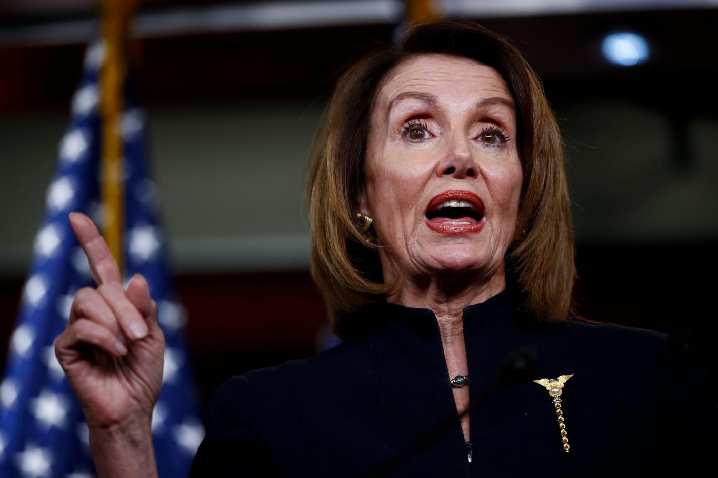 WASHINGTON, Feb. 14, 2019 (Xinhua) -- U.S. House Speaker Nancy Pelosi speaks during a press conference on Capitol Hill in Washington D.C., the United States, on Feb. 14, 2019. U.S. President Donald Trump is prepared to sign a bipartisan bill on spending and border security to avert another government shutdown, but also declare a national emergency to obtain funds for his long-promised border wall, the White House said Thursday. Nancy Pelosi, the top Democrat in the House, said her party is "reviewing our options" in responding to the anticipated emergency declaration. (Xinhua/Ting Shen/IANS) by .