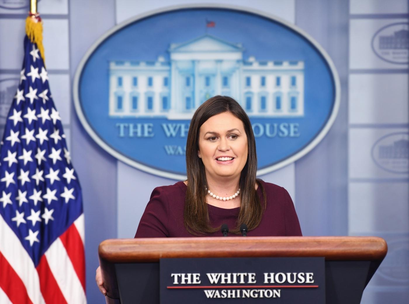 WASHINGTON, Aug. 14, 2018 (Xinhua) -- White House spokesperson Sarah Sanders attends a press briefing at the White House in Washington D.C., the United States, Aug. 14, 2018. The White House said Tuesday that U.S. National Security Advisor John Bolton will meet his Russian counterpart in Geneva of Switzerland next week as a "follow-up" to the Helsinki summit last month between U.S. President Donald Trump and Russian President Vladimir Putin. (Xinhua/Liu Jie)/IANS) by .