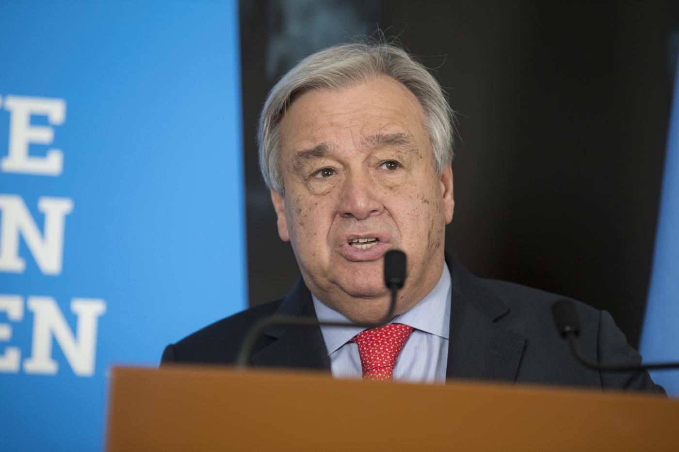GENEVA, Feb. 26. 2019 (Xinhua) -- United Nations Secretary-General Antonio Guterres delivers a speech after the High-Level Pledging Event for the Humanitarian Crisis in Yemen in Geneva, Switzerland, on Feb. 26, 2019. United Nations Secretary-General Antonio Guterres on Tuesday described the pledging conference for humanitarian aid for war-plagued Yemen a "success" after donation assurances reached 2.6 billion U.S. dollars, up from 2 billion U.S. dollars in 2018. (Xinhua/Xu Jinquan/IANS) by .