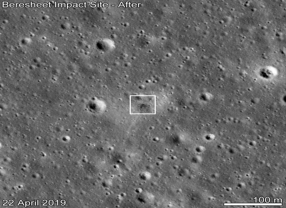 Beresheet impact site as seen by LROC 11 days after the attempted landing. Date in lower left indicates when the image was taken. (Credits: NASA/GSFC/Arizona State University) by .