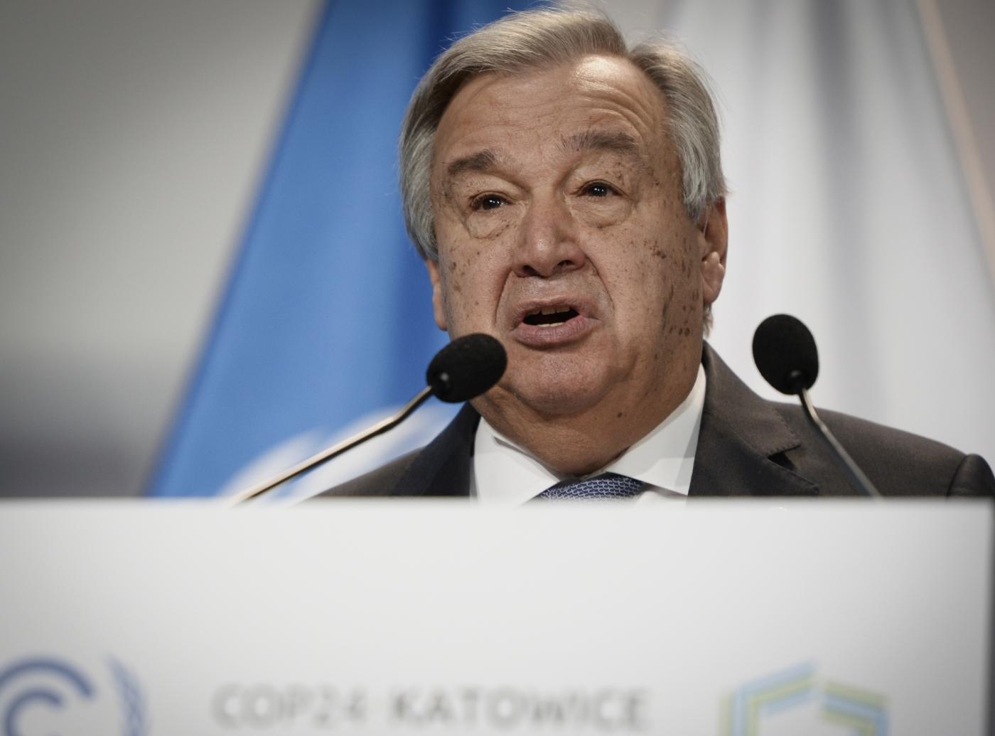 KATOWICE, Dec. 3, 2018 (Xinhua) -- United Nations (UN) Secretary-General Antonio Guterres addresses the UN Climate Change Conference in Katowice, Poland, Dec. 3, 2018. Delegates from nearly 200 countries began talks on Sunday on urgent actions to curb climate change three years after the landmark Paris Climate Change Agreement set a goal of keeping global warming below 2 degrees Celsius. The two-week UN Climate Change Conference, known as COP24, is held in the southern Polish city of Katowice. (Xinhua/Jaap Arriens/IANS) by .