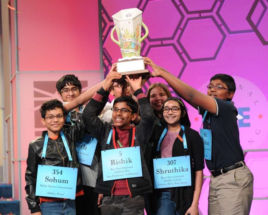The eight co-champions of the United States 2019 National Spelling Bee competition. Each of them won $50,000 and a trophy. (Photo: Mark Bowen/Scripps National Spelling Bee) by .