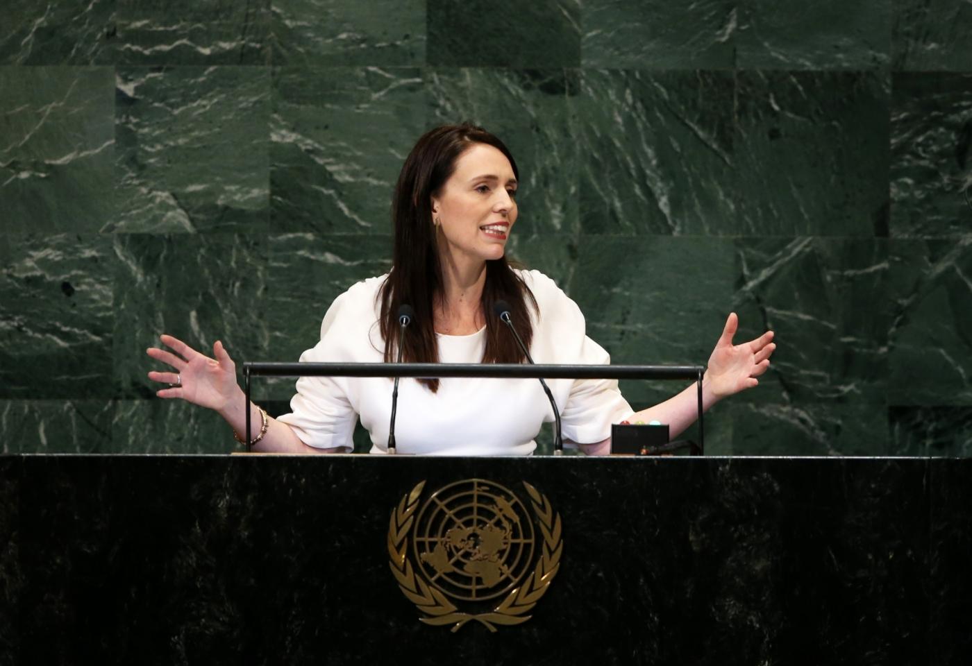 UNITED NATIONS, Sept. 28, 2018 (Xinhua) -- New Zealand Prime Minister Jacinda Ardern addresses the General Debate of the 73rd session of the United Nations General Assembly at the UN headquarters in New York on Sept. 27, 2018. (Xinhua/Qin Lang/IANS) by .