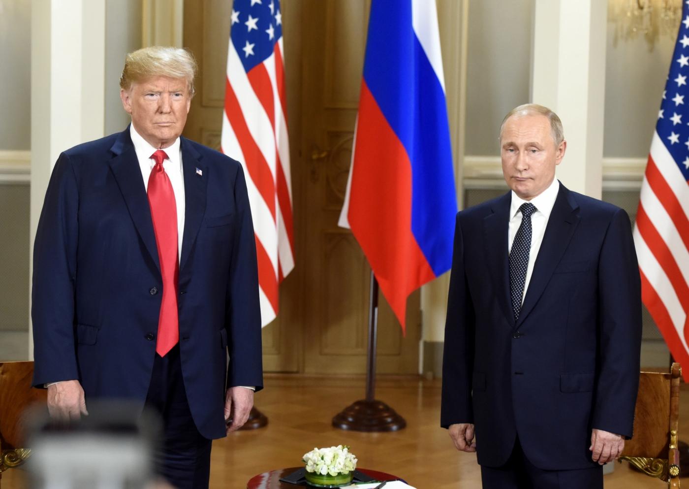 HELSINKI, July 16, 2018 (Xinhua) -- U.S. President Donald Trump (L) meets with his Russian counterpart Vladimir Putin in Helsinki, Finland, on July 16, 2018. U.S. President Donald Trump and his Russian counterpart Vladimir Putin started their first bilateral meeting here on Monday, and they are expected to discuss a wide range of issues. (Xinhua/Lehtikuva/Heikki Saukkomaa/IANS) by .