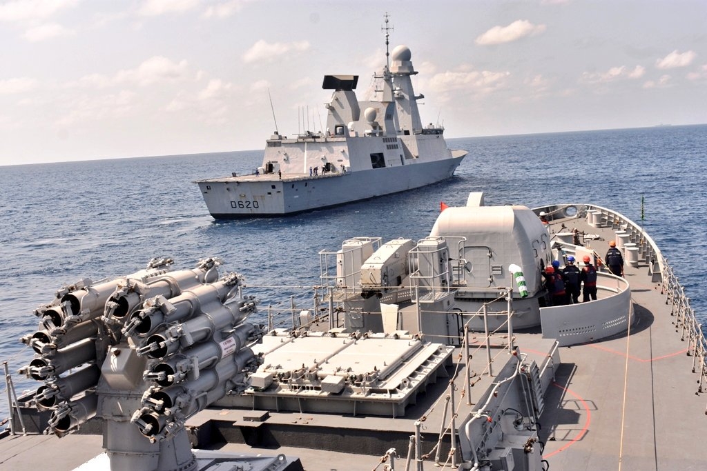 Goa: The Day 3 of Indo-French naval Exercise 'Varuna' sea phase saw multi-helicopter operations with cross deck landings, on May 10, 2019. In addition Visit, board, search, and seizure (VBSS) operations and towing exercise between the French Navy and the Indian Navy ships took place. The day also saw fighter aircraft operations in a high intensity combat exercise including firing on Pigeon Island off the Goa Coast. (Photo: IANS/DPRO) by .