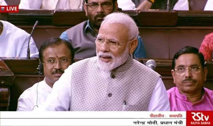 New Delhi: Prime Minister Narendra Modi addresses in Rajya Sabha in Parliament, New Delhi on June 26, 2019. (Photo: IANS/RSTV) by .