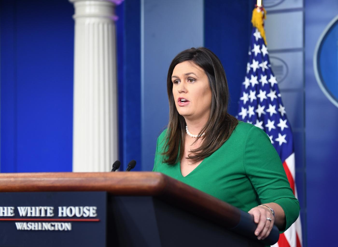 WASHINGTON, Aug. 15, 2018 (Xinhua) -- White House spokesperson Sarah Sanders attends a press briefing at the White House in Washington D.C., the United States, on Aug. 15, 2018. The White House said on Wednesday that the United States will not lift sanctions on Turkish steel and aluminum products even if detained American pastor Andrew Brunson is released. (Xinhua/Liu Jie/IANS) by .