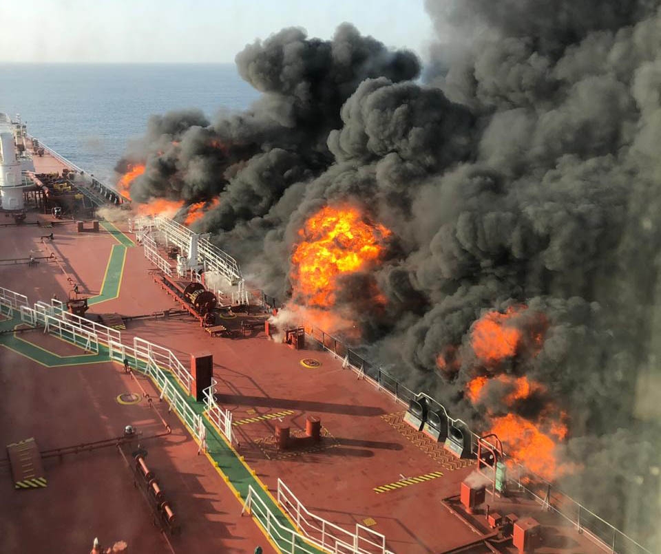 Doha: Two oil tankers were hit in a suspected attack in the Gulf of Oman and all crew members onborad were evacuated, on June 13, 2019. The tankers were struck in the same area where the US accused Iran of using naval mines to sabotage four other oil ships in an attack last month. (Photo: IANS) by .