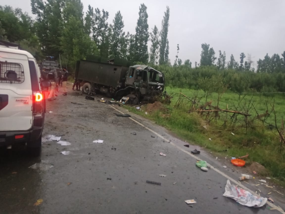 Pulwama: The army vehicle that got damaged in an improvised explosive device (IED) blast triggered by militants in Jammu and Kashmir's Pulwama district on June 17, 2019. This comes barely four months after a suicide attack on a CRPF convoy killed 40 troopers in the same district. (Photo: IANS) by .