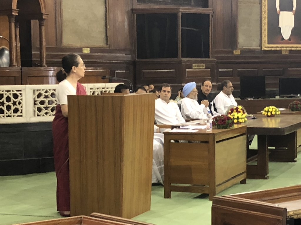 New Delhi: Congress leader Sonia Gandhi during Congress Parliamentary Party (CPP) meeting at Parliament in New Delhi on June 1, 2019. (Photo: Twitter/@rssurjewala) by .
