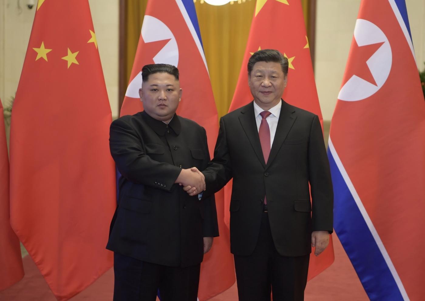 BEIJING, Jan. 10, 2019 (Xinhua) -- Xi Jinping (R), general secretary of the Central Committee of the Communist Party of China and Chinese president, holds a welcoming ceremony for Kim Jong Un, chairman of the Workers' Party of Korea and chairman of the State Affairs Commission of the Democratic People's Republic of Korea, before their talks at the Great Hall of the People in Beijing, capital of China, Jan. 8, 2019. Xi Jinping on Tuesday held talks with Kim Jong Un, who arrived in Beijing on the same day for a visit to China. (Xinhua/Li Xueren/IANS) by .
