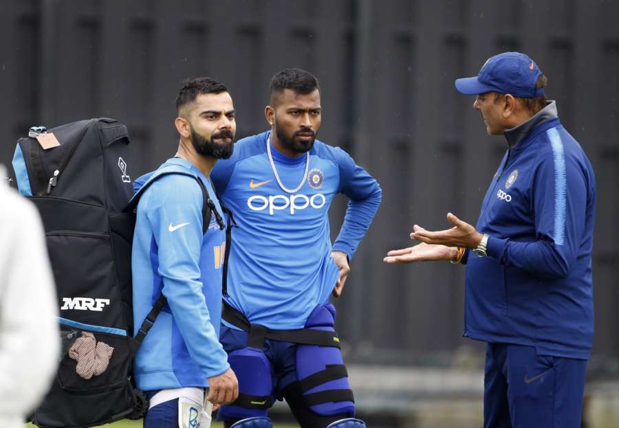 Southampton: India's captain Virat Kohli and coach Ravi Shastri with Hardik Pandya during a practice session ahead of a World Cup 2019 match against Afghanistan at the Hampshire Bowl in Southampton, England on June 19, 2019. (Photo: Surjeet Yadav/IANS) by .