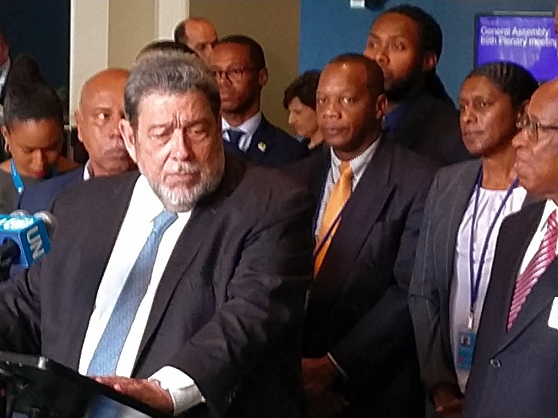 Ralph Gonsalves, the prime minister of St Vincent and Grenadines, speaks to reporters after his tiny Caribbean nation was elected to the United Nations Security Council on Friday, June 7, 2019. (Photo: Arul Louis/IANS) by .