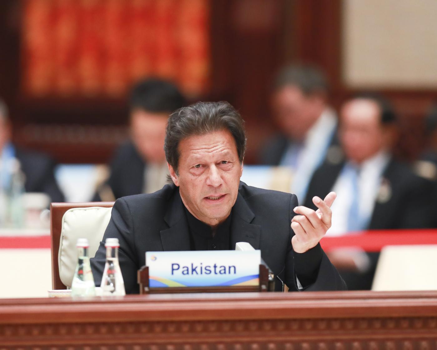 BEIJING, April 27, 2019 (Xinhua) -- Pakistani Prime Minister Imran Khan speaks at the leaders' roundtable meeting of the Second Belt and Road Forum for International Cooperation at the Yanqi Lake International Convention Center in Beijing, capital of China, April 27, 2019. (Xinhua/Pang Xinglei/IANS) by .