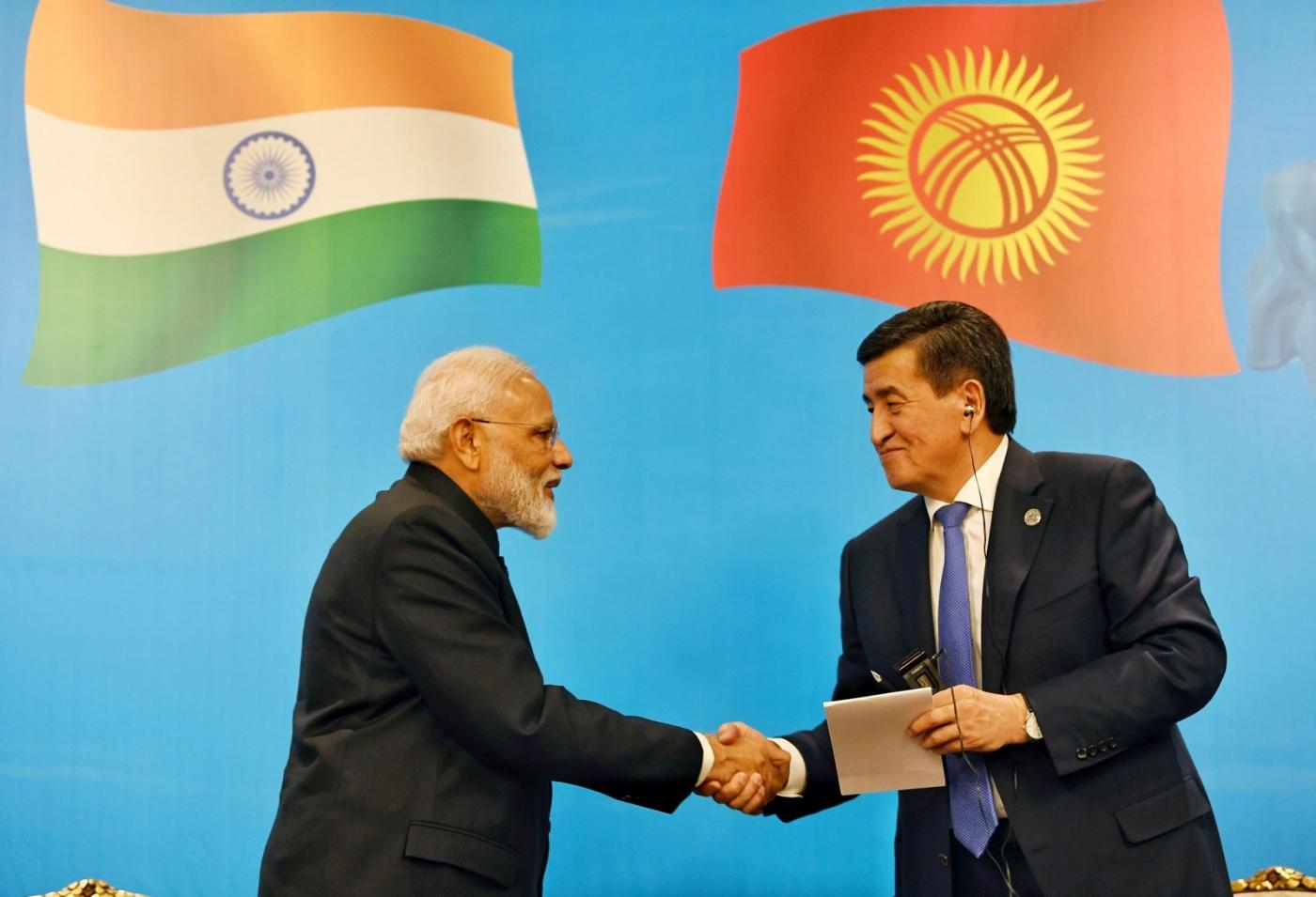 Bishkek: Prime Minister Narendra Modi and Kyrgyzstan President Sooronbay Jeenbekov at the inauguration of India-Kyrgy Business Forum in Bishkek, Kyrgyzstan on June 14, 2019. (Photo: IANS/PIB) by .