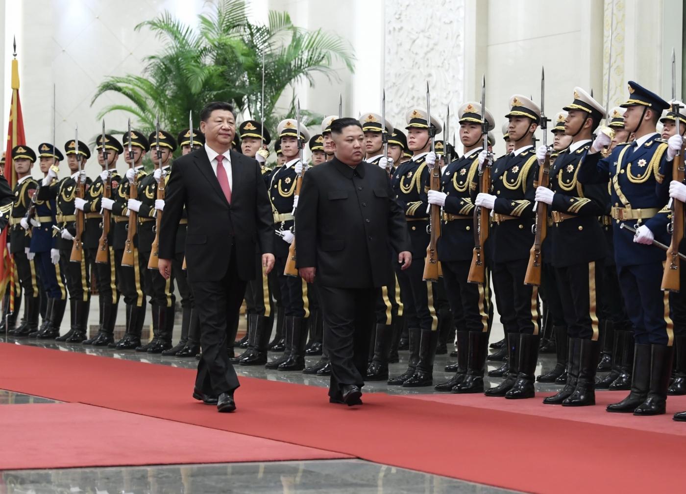 BEIJING, Jan. 10, 2019 (Xinhua) -- Xi Jinping, general secretary of the Central Committee of the Communist Party of China and Chinese president, holds a welcoming ceremony for Kim Jong Un, chairman of the Workers' Party of Korea and chairman of the State Affairs Commission of the Democratic People's Republic of Korea, before their talks at the Great Hall of the People in Beijing, capital of China, Jan. 8, 2019. Xi Jinping on Tuesday held talks with Kim Jong Un, who arrived in Beijing on the same day for a visit to China. (Xinhua/Shen Hong/IANS) by .