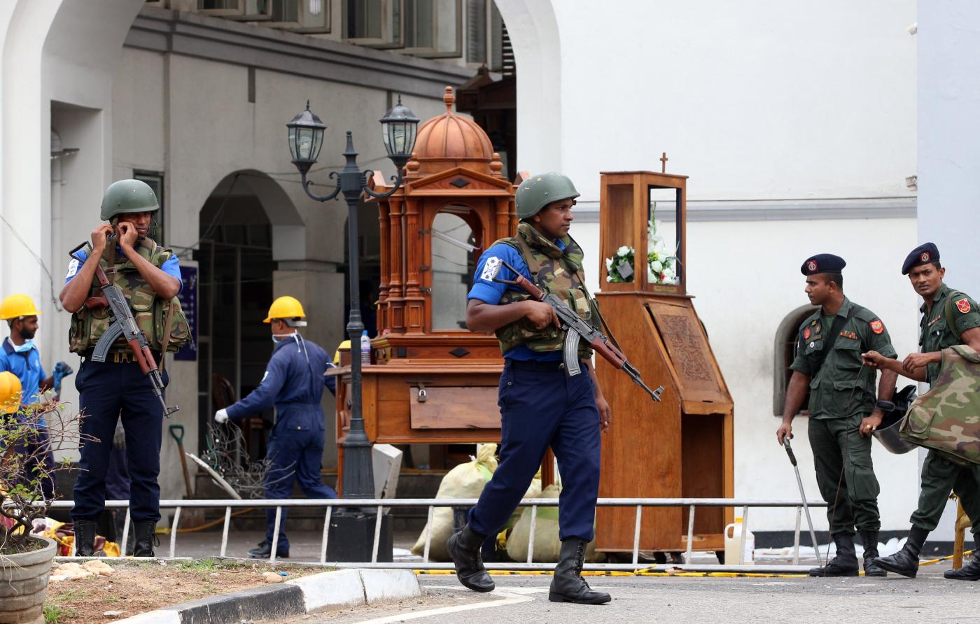 COLOMBO, April 27, 2019 (Xinhua) -- Security forces are seen outside St. Anthony's Church, one of the targets in a series of bomb blasts targeting churches and luxury hotels on Sunday, in Colombo, Sri Lanka, on April 27, 2019. (Xinhua/A. Hapuarachchi/IANS) by A.HAPUARACHCHI.
