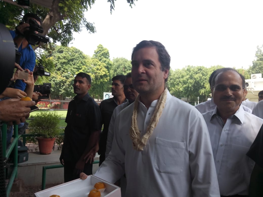New Delhi: Congress President Rahul Gandhi arrives to meet party workers and leaders on his birthday at party head quarters in New Delhi on June 19, 2019. (Photo: IANS) by .