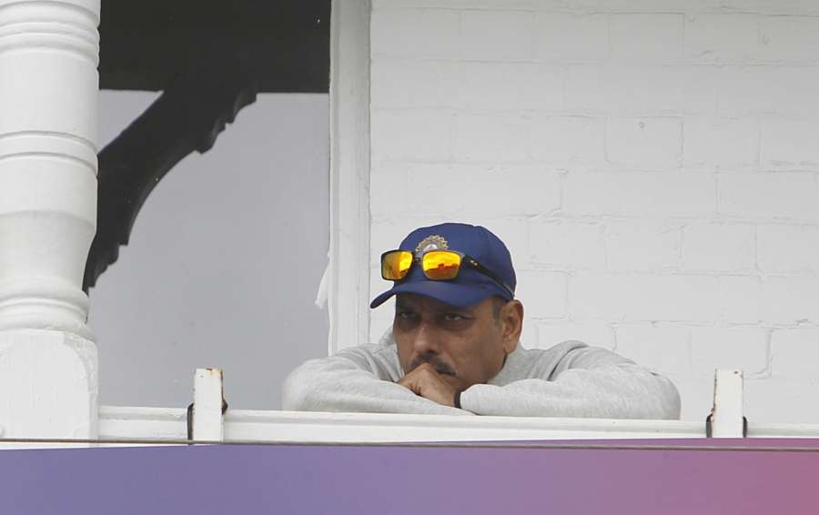 Nottingham: Indian Head Coach Ravi Shastri sits outside the dressing room at the Trent Bridge Cricket Ground after rains delayed the 18th Match of World Cup 2019 between India and New Zealand in Nottingham, England on June 13, 2019. (Photo: Surjeet Yadav/IANS) by .