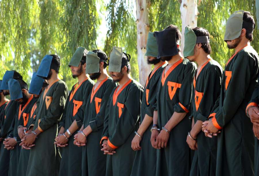 KANDAHAR, June 29, 2019 (Xinhua) -- Arrested militants stand handcuffed in Kandahar province, Afghanistan, June 29, 2019. Government forces have arrested 40 armed militants in Afghanistan's southern Kandahar province over the past 10 days, Kandahar provincial governor Hatytullah Hayat said Saturday. (Xinhua/Sanaullah Seiam/IANS) by Sanaullah Seiam.