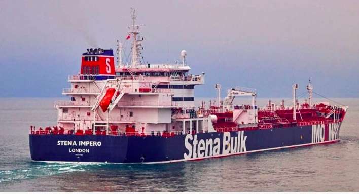 The British-flagged Stena Impero oil tanker with 18 Indians aboard which was seized by Iran on Friday. by .