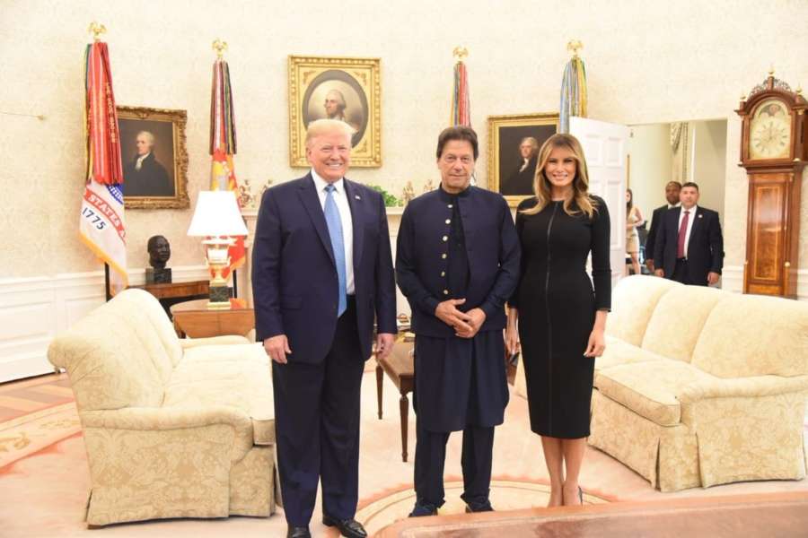 Washington: US President Donald Trump, First Lady Melania Trump with Pakistan Prime Minister Imran Khan at their meeting at White House in Washington on July 22, 2019. (Photo: Twitter / @PTIofficial) by .