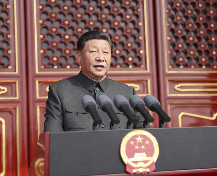 BEIJING, Oct. 1, 2019 (Xinhua) -- Chinese President Xi Jinping, also general secretary of the Communist Party of China (CPC) Central Committee and chairman of the Central Military Commission, delivers a speech at a grand rally to celebrate the 70th anniversary of the founding of the People's Republic of China at the Tian'anmen Square in Beijing, capital of China, Oct. 1, 2019. (Xinhua/Ju Peng/IANS) by Ju Peng.