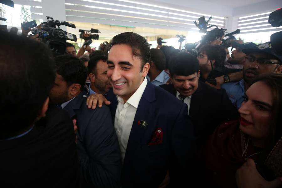 ISLAMABAD, Aug. 13, 2018 (Xinhua) -- Pakistan Peoples Party's (PPP) Chairperson Bilawal Bhutto Zardari talks to media upon his arrival at the National Assembly to attend the first session of the parliament after the general election, in Islamabad, capital of Pakistan on Aug. 13, 2018. The newly elected members of the National Assembly or the lower house of Pakistan's parliament on Monday took the oath, which marks the formal inauguration of the new parliament following the July 25 general elections. (Xinhua/Ahmad Kamal/IANS) by .