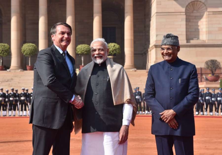 New Delhi: President Ram Nath Kovind and Prime Minister Narendra Modi with Brazilian President Jair Bolsonaro at a Ceremonial Reception accorded to him at Rashtrapati Bhavan in New Delhi on Jan 25, 2020. (Photo: IANS/MEA) by .