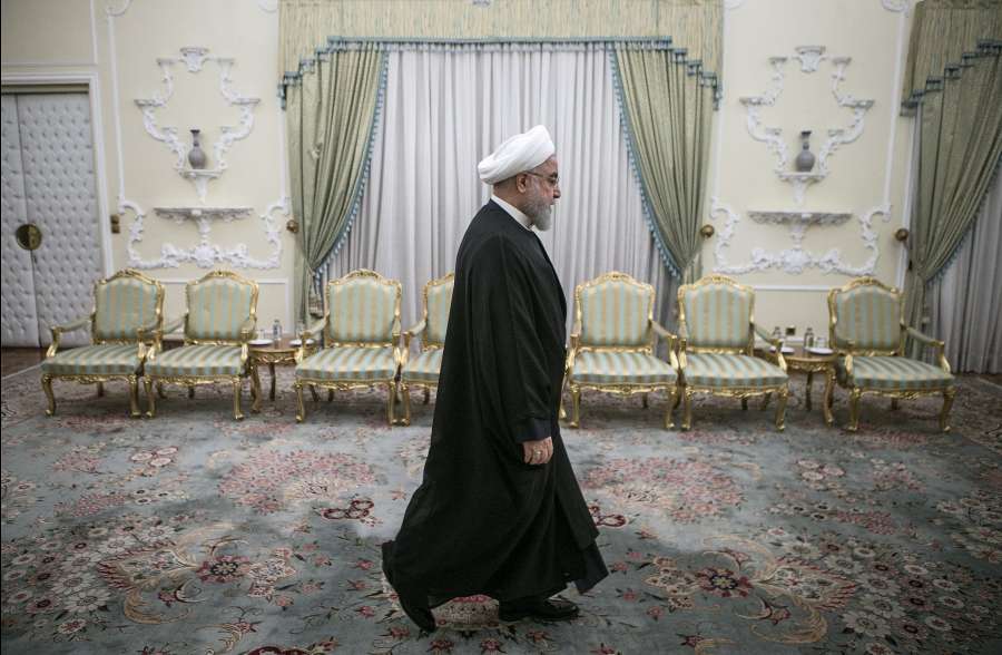 , Oct. 16, 2019 (Xinhua) -- Iranian President Hassan Rouhani arrives for his meeting with visiting South African Minister of International Relations and Cooperation Naledi Pandor at the Presidential Palace in Tehran, Iran, on Oct. 16, 2019. (Photo by Ahmad Halabisaz/Xinhua/IANS) by .