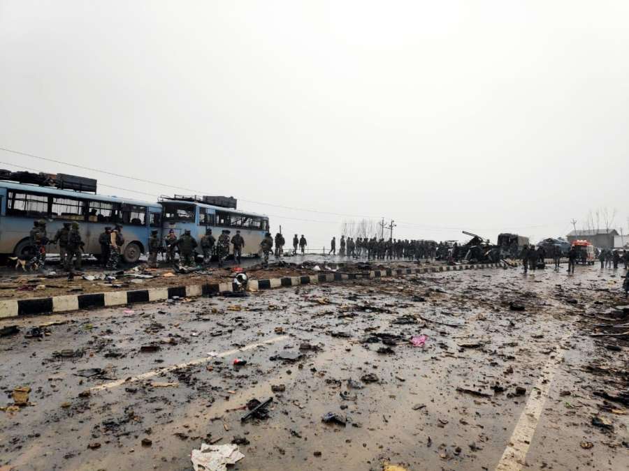 The site on on the Srinagar-Jammu highway where 40 Central Reserve Police Force (CRPF) troopers were killed in a suicide attack by militants in Jammu and Kashmir's Pulwama district on Feb 14, 2019. (File Photo: IANS) by .