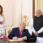 New Delhi: US President Donald Trump signs the Visitors Book of Hyderabad House as First Lady Melania Trump and Prime Minster Narendra Modi look on, in New Delhi on Feb 25, 2020. (Photo: IANS/PIB) by .