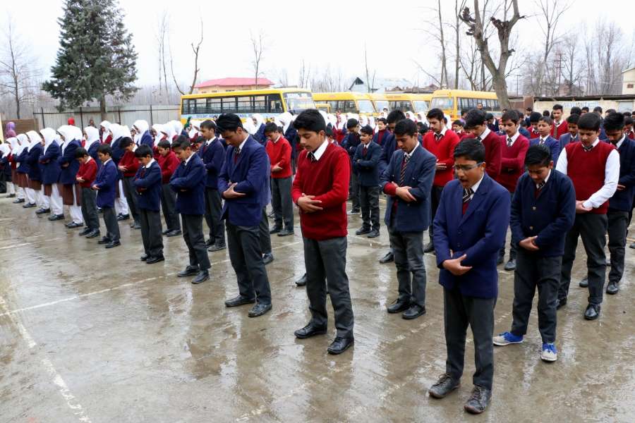 Srinagar: School students attend assembly as schools re-open after winter-break in Srinagar on March 1, 2017. (Photo: IANS) by .