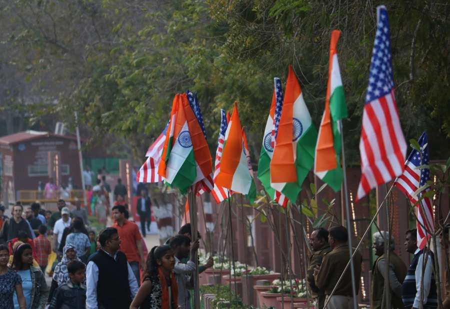 Agra: An Agra street decorated with Indian and American flags on the eve of US President Donald Trump's visit to the city of Taj, on Feb 23, 2020. (Photo: Bidesh Manna/IANS) by .